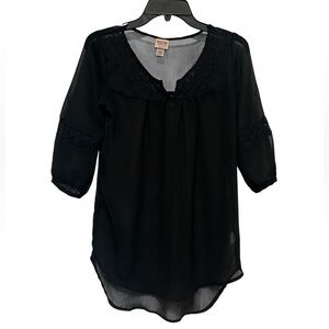 Mossimo Medium Sheer Black Blouse Top 3/4 Sleeve See Through Overlay Lace